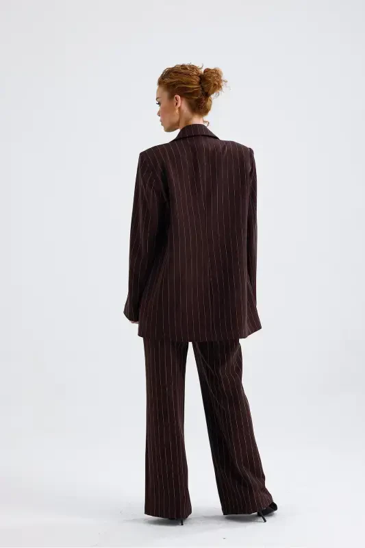 Lined Hürrem Fabric Striped Suit | TK35550 Coffee White Striped-Coffee White Striped - 5