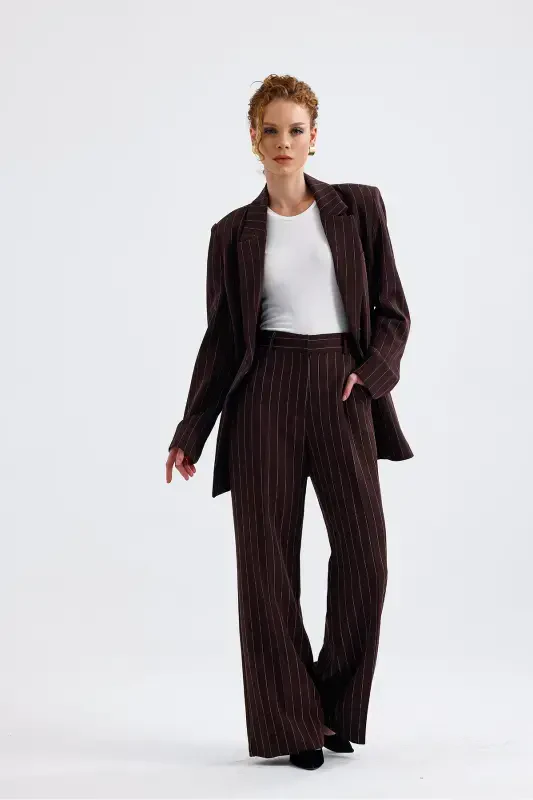 Lined Hürrem Fabric Striped Suit | TK35550 Coffee White Striped-Coffee White Striped - 6