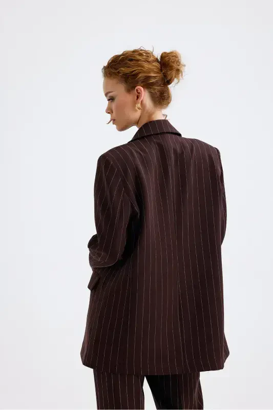 Lined Hürrem Fabric Striped Suit | TK35550 Coffee White Striped-Coffee White Striped - 7