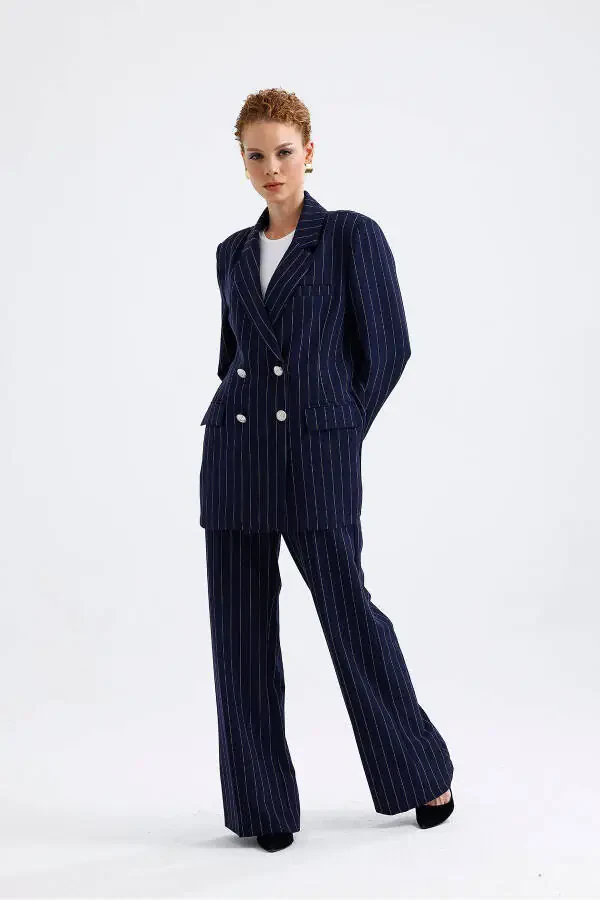 Lined Hürrem Fabric Striped Suit | TK35550 Navy Blue White Striped-Navy Blue White Striped - 1