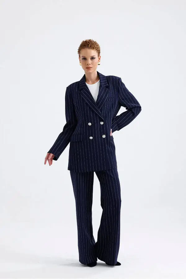 Lined Hürrem Fabric Striped Suit | TK35550 Navy Blue White Striped-Navy Blue White Striped - 2
