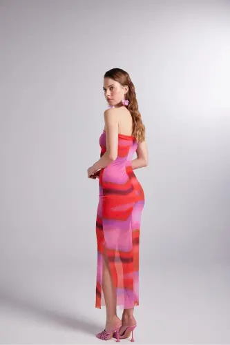Lined Patterned Strapless Tulle Hued Dress Pink - 6