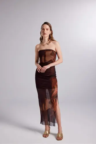 Lined Patterned Strapless Tulle Mocha Dress Brown - 1