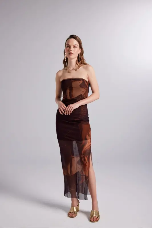 Lined Patterned Strapless Tulle Mocha Dress Brown - 1