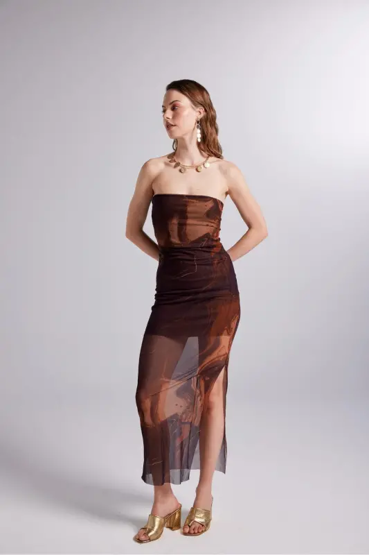 Lined Patterned Strapless Tulle Mocha Dress Brown - 3
