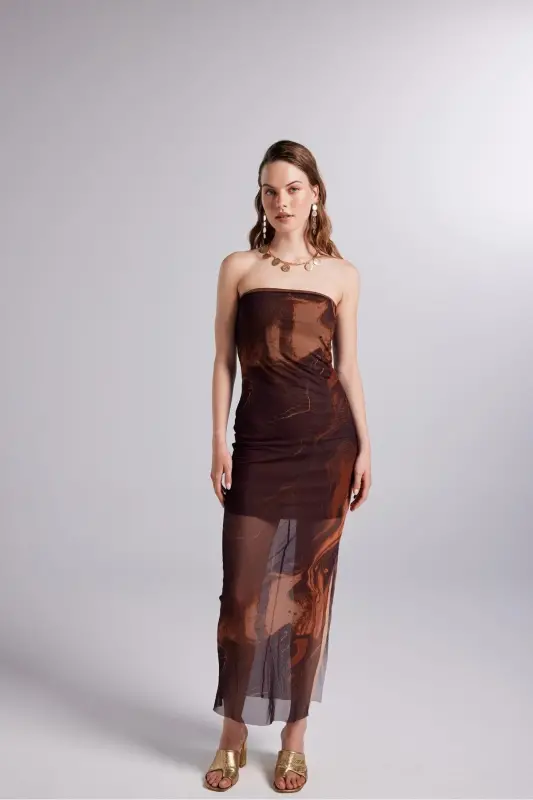 Lined Patterned Strapless Tulle Mocha Dress Brown - 7