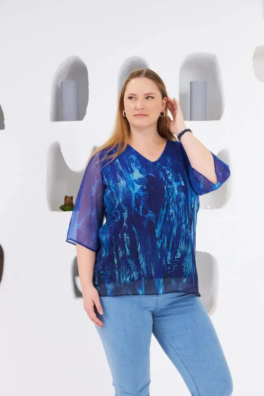 Lined Plus Size Chiffon Blouse Navy - BÜYÜKBEDENIZ