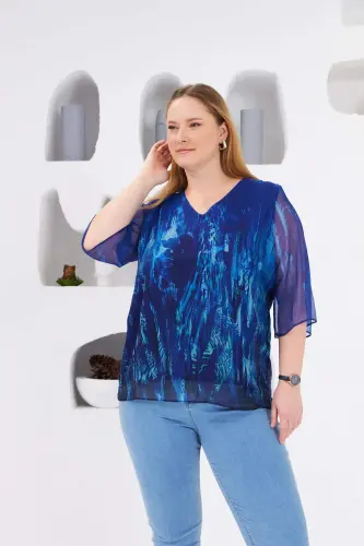 Lined Plus Size Chiffon Blouse Navy - BÜYÜKBEDENIZ (1)