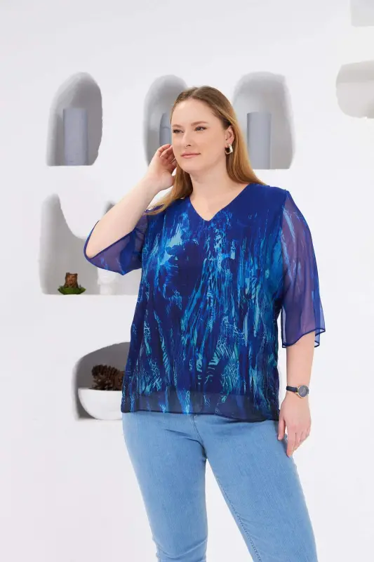 Lined Plus Size Chiffon Blouse Navy - 2