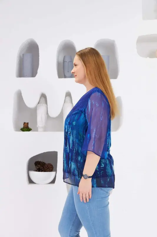 Lined Plus Size Chiffon Blouse Navy - 4