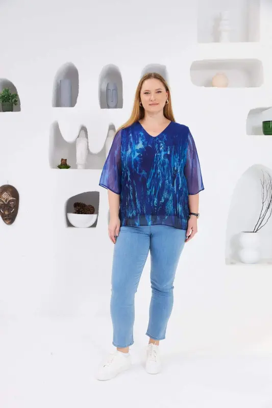 Lined Plus Size Chiffon Blouse Navy - 5