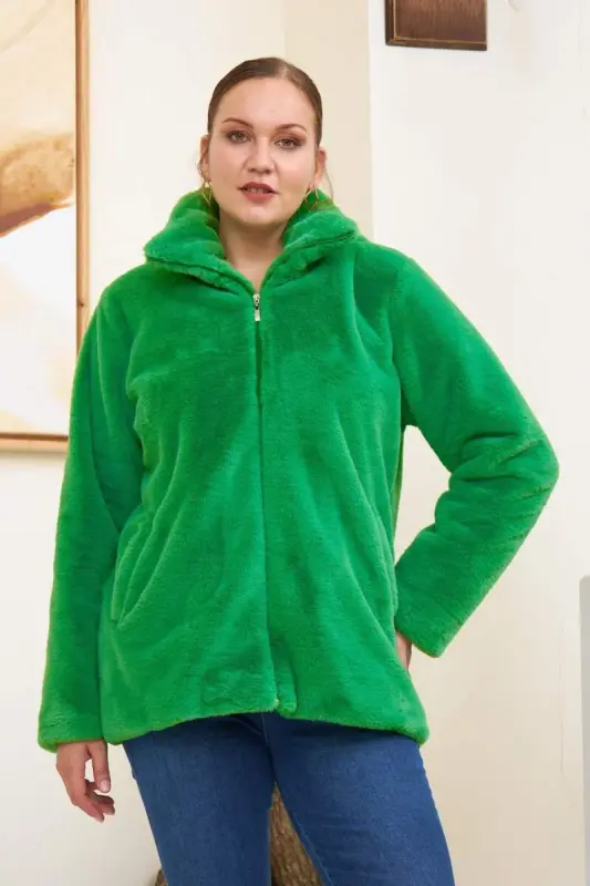 Lined Plus Size Green Plush Coat - BÜYÜKBEDENIZ