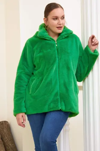 Lined Plus Size Green Plush Coat - BÜYÜKBEDENIZ (1)