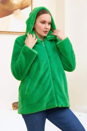 Lined Plus Size Green Plush Coat - 4
