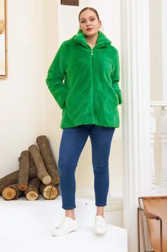 Lined Plus Size Green Plush Coat - 6
