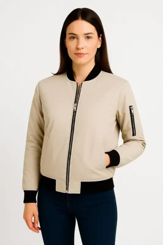 Lined Zippered Bomber Jacket - Beige - 3