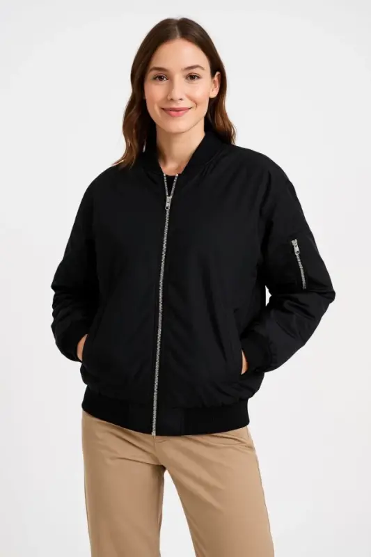 Lined Zippered Bomber Jacket - Black - 3
