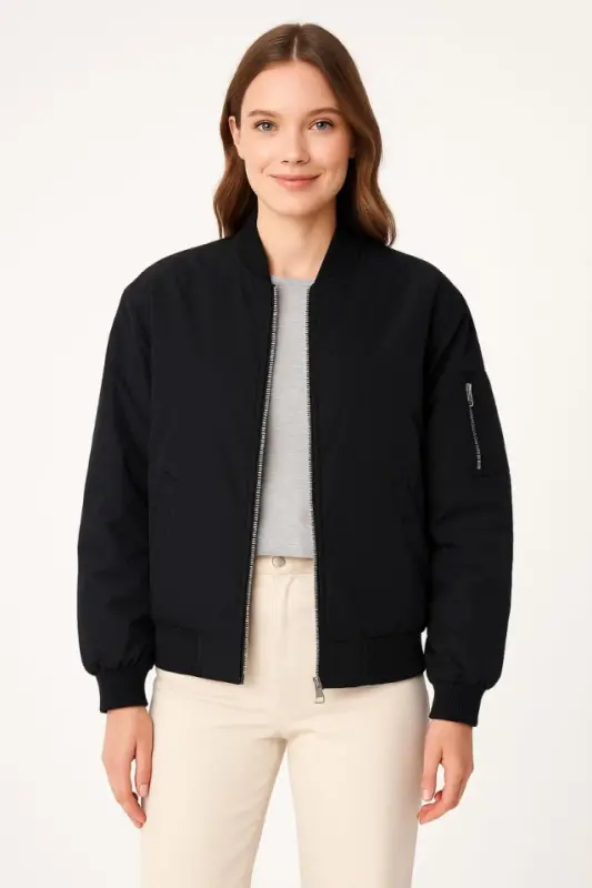Lined Zippered Bomber Jacket - Black - 4