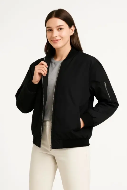 Lined Zippered Bomber Jacket - Black - BÜYÜKBEDENIZ