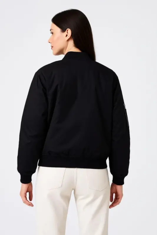 Lined Zippered Bomber Jacket - Black - 2