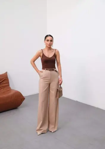 Linen Belted And Draped Palazzo Pants (Belt Included) - 1