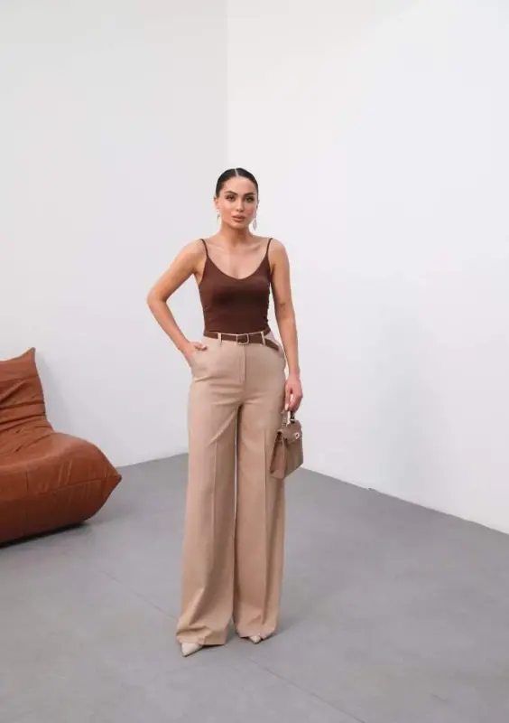 Linen Belted And Draped Palazzo Pants (Belt Included) - 1