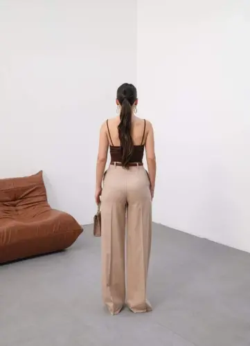Linen Belted And Draped Palazzo Pants (Belt Included) - BÜYÜKBEDENIZ (1)