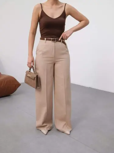 Linen Belted And Draped Palazzo Pants (Belt Included) - 3