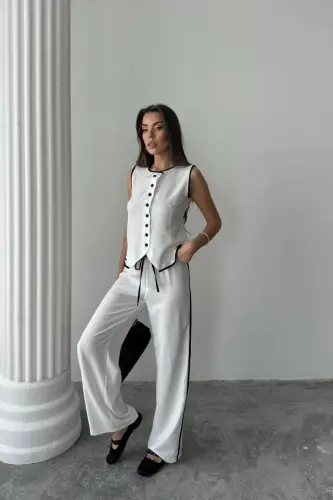 LINEN BIAS TRIMMED VEST - TROUSERS SUIT - White - 1