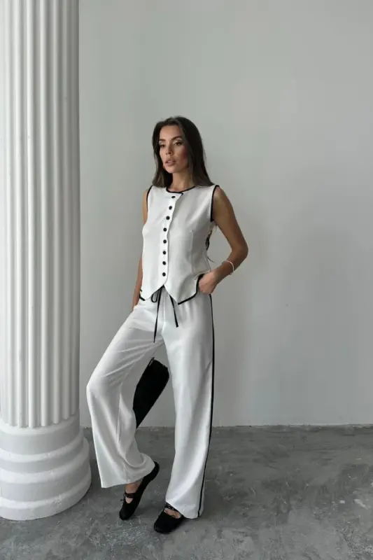 LINEN BIAS TRIMMED VEST - TROUSERS SUIT - White - 1