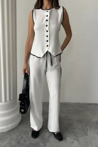 LINEN BIAS TRIMMED VEST - TROUSERS SUIT - White - BÜYÜKBEDENIZ (1)
