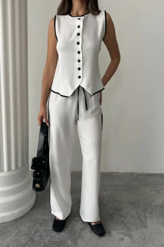 LINEN BIAS TRIMMED VEST - TROUSERS SUIT - White - 2
