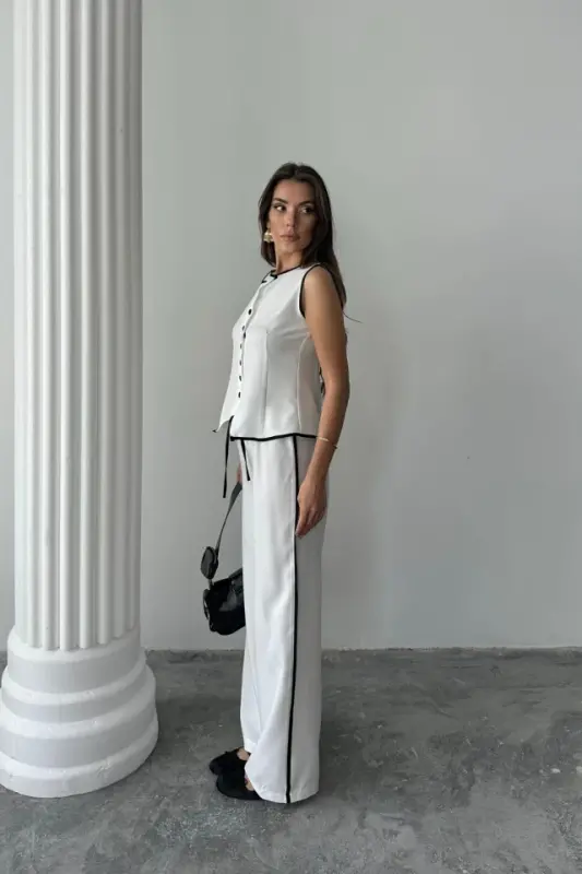 LINEN BIAS TRIMMED VEST - TROUSERS SUIT - White - 3