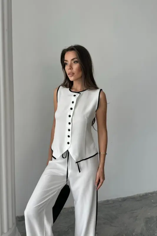 LINEN BIAS TRIMMED VEST - TROUSERS SUIT - White - 4