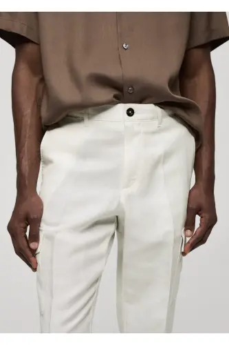 Linen Blend Cargo Trousers - Off White - 3