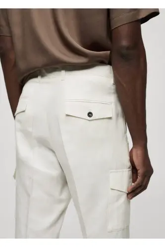 Linen Blend Cargo Trousers - Off White - 5
