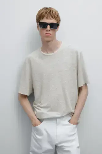 Linen-blend contrast knit t-shirt-GRAY - MASSIMO DUTTI (1)