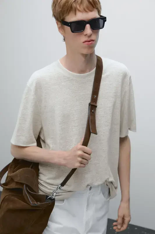 Linen-blend contrast knit t-shirt-GRAY - 4