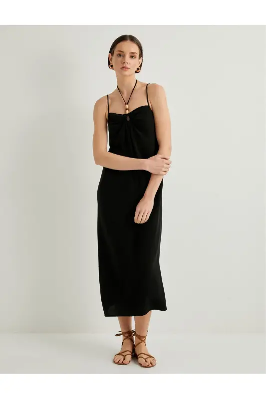 Linen Blend Dress Midi Length Strappy Beaded Slim Fit - 1
