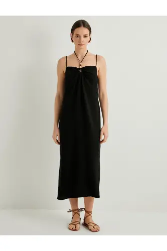Linen Blend Dress Midi Length Strappy Beaded Slim Fit - 3