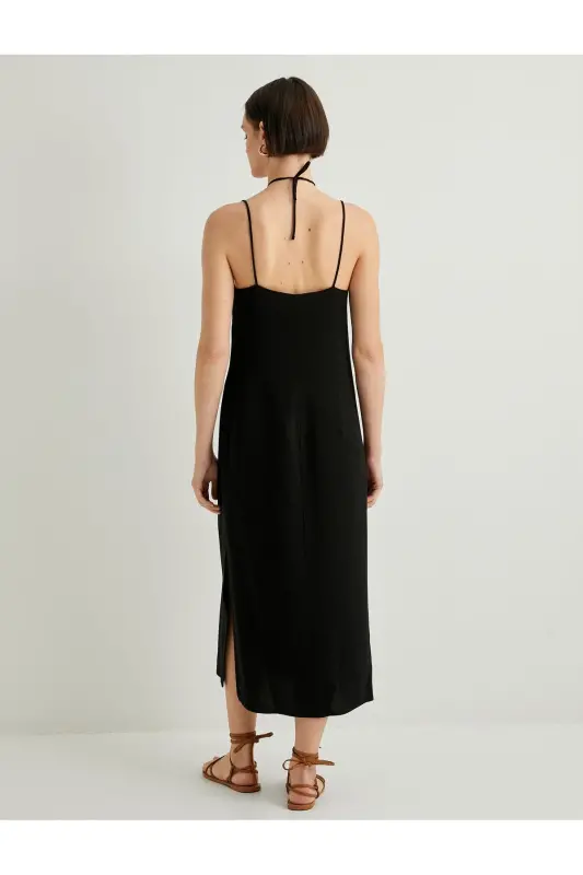 Linen Blend Dress Midi Length Strappy Beaded Slim Fit - 4