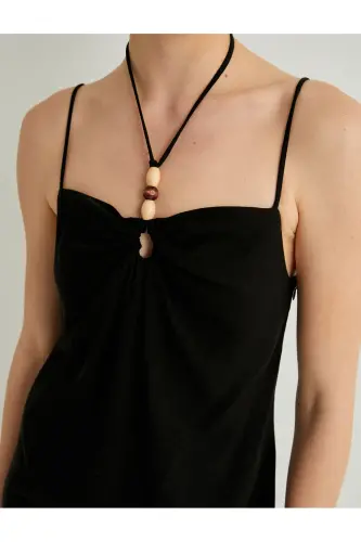 Linen Blend Dress Midi Length Strappy Beaded Slim Fit - 5