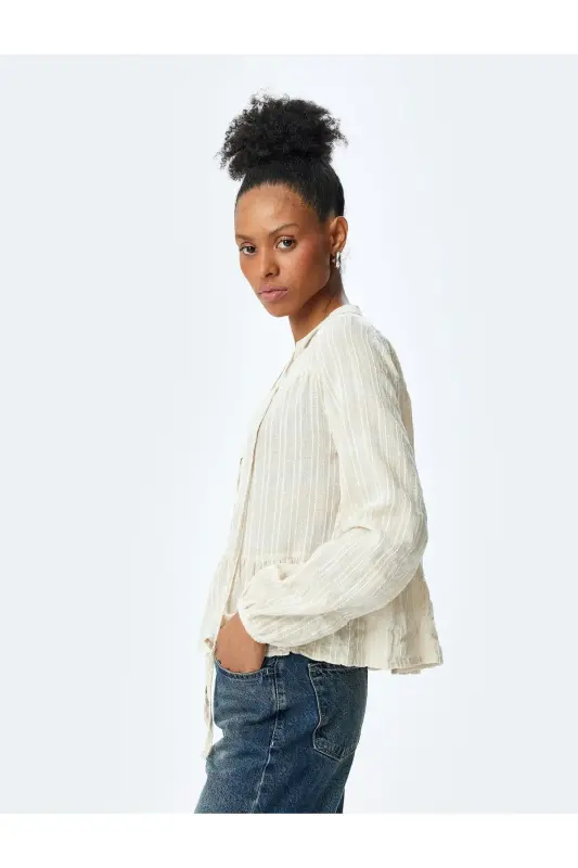 Linen Blend Long Sleeve Buttoned Textured Mandarin - 1