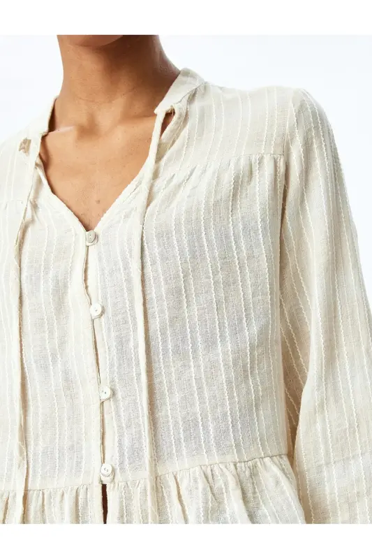 Linen Blend Long Sleeve Buttoned Textured Mandarin - 5