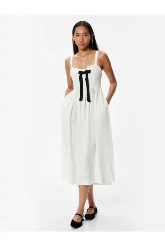Linen Blend Midi Dress with Bow Detail, Thick Straps, and Pockets - 2