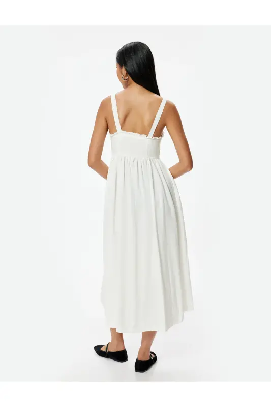 Linen Blend Midi Dress with Bow Detail, Thick Straps, and Pockets - 5