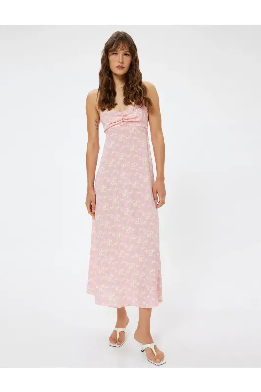 Linen Blend Midi Floral Cami Dress Slim Fit Drape Detailed - 2