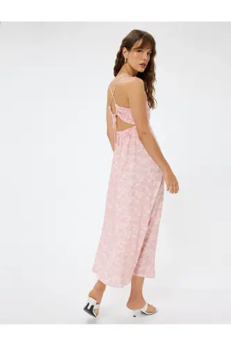 Linen Blend Midi Floral Cami Dress Slim Fit Drape Detailed - 4
