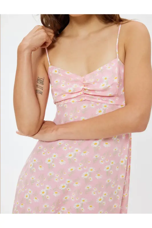 Linen Blend Midi Floral Cami Dress Slim Fit Drape Detailed - 5