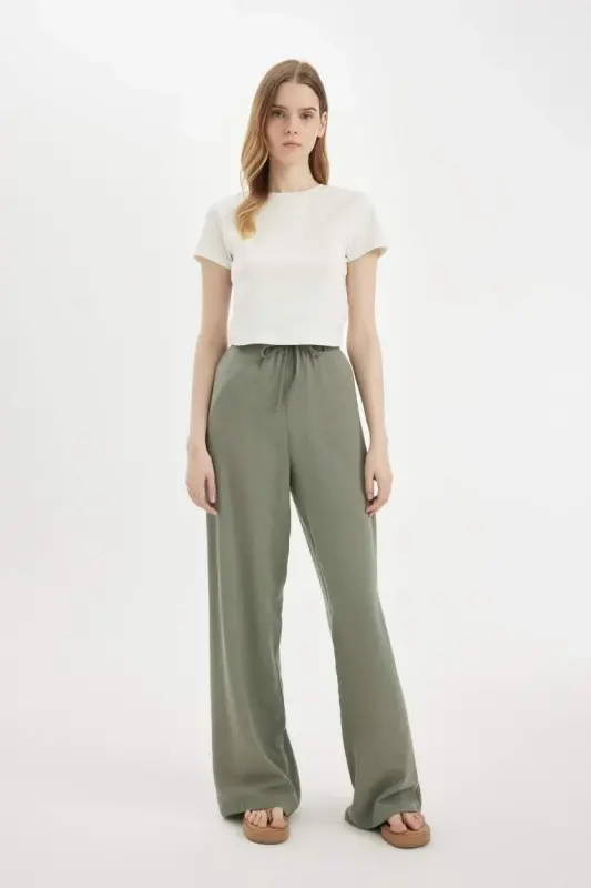 Linen Blend Palazzo Pants Wide Leg Loose Fit Three Pockets Regular Waist Basic Plain Standard Length-Khaki - 1